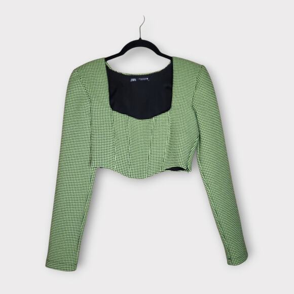 Zara Green Houndstooth Corset Crop Top Square Neck Long Sleeve Y2K Women's Small - Picture 2 of 9